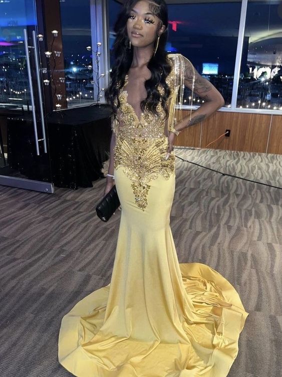 Yellow Beaded Long Prom Dress Formal Party Dress Mermaid Prom Dress fg4349
