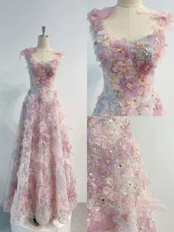 Romantic Pink 3D-Floral Prom Dress Formal Dress pink prom dresses fg5149