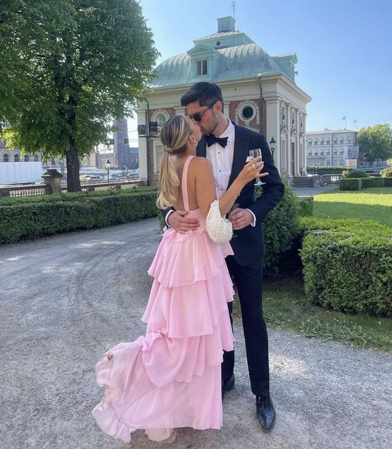 Pink A-line Tiered Prom Dress,Pink Backless Evening Dress fg4539