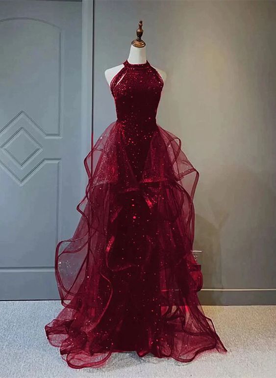 Wine Red Sequins and Tulle Halter Long Prom Dress, Wine Red Evening Dress fg4470