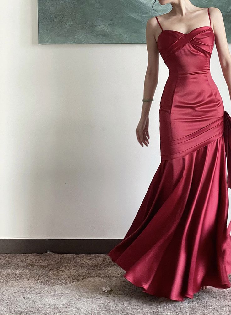Burgundy Satin Sweetheart Straps Prom Dress, Burgundy Long Evening Dress fg4953