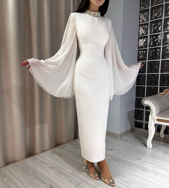 White Long Sleeves Evening Dress Custom Made Ankle Length Prom Gown fg4587