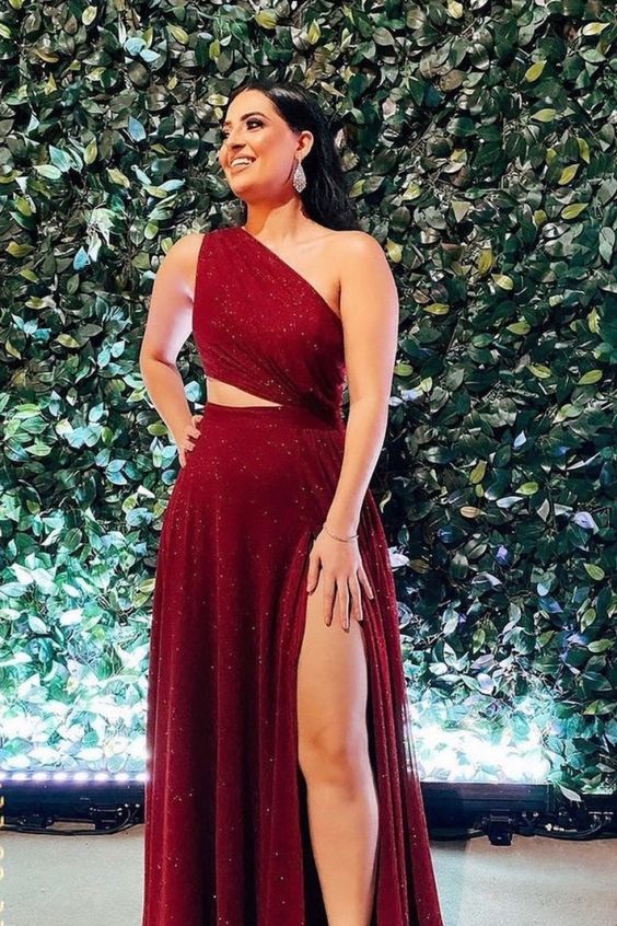 Burgundy Shiny Prom Dress, Long Evening Dress fg4689