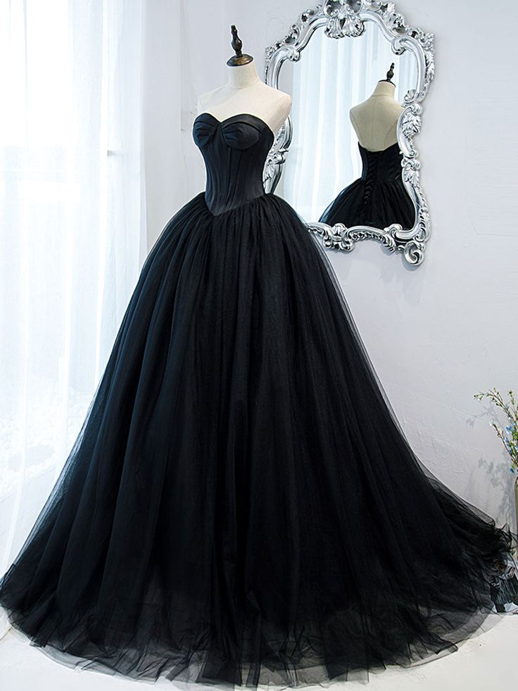 Black Sweetheart Neck Tulle Long Prom Dress, Black Formal Evening Dress fg5446