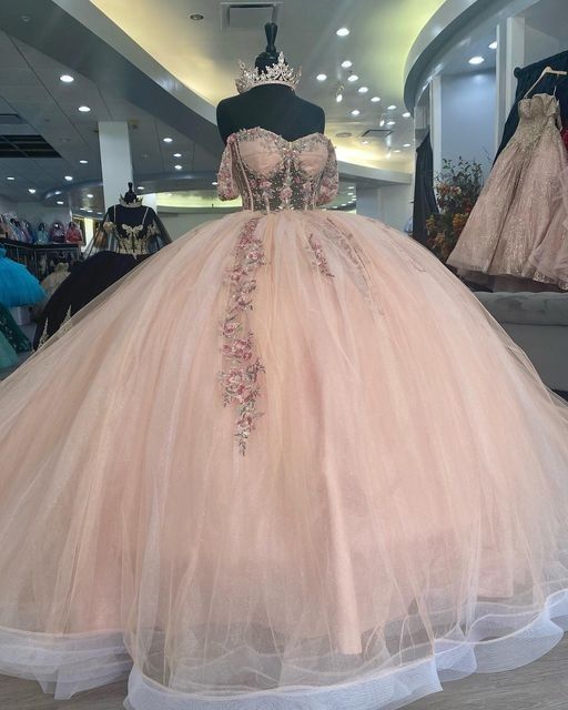 Princess Light Pink Flower Appliques Ball Gown Quinceanera Dress Sweetheart Off Shoulder Party Sweet 15 Party Dress fg4523