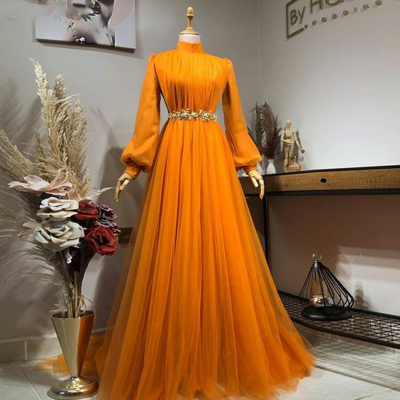 Orange Prom Dresses, Pleats Prom Dresses, Prom Dresses, Long Sleeve Prom Dresses, Tulle Prom Dresses, High Neck Prom Dress fg4382