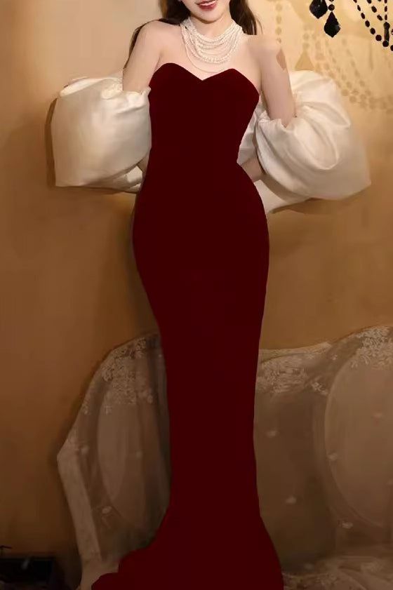 Burgundy Sweetheart Mermaid Velvet Prom Dress With Removable Sleeves fg5032