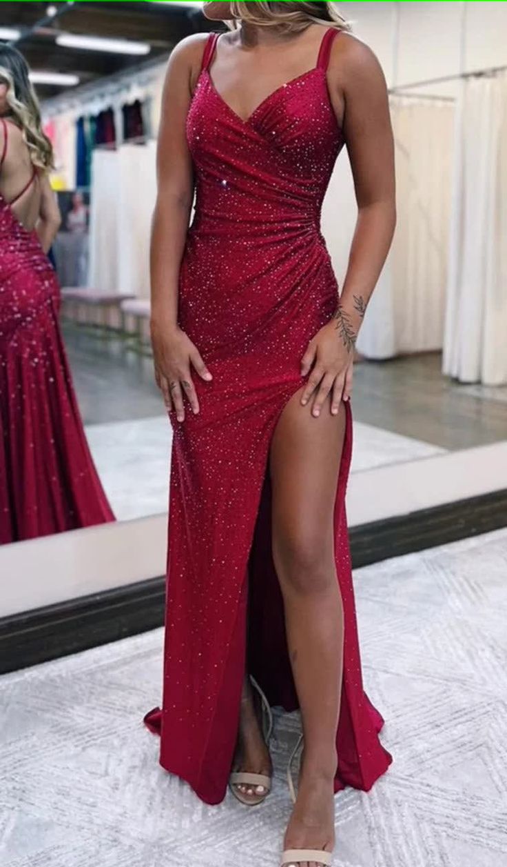 Sparkly Dark Red One Shoulder Sheath Long Prom Dress with Slit Formal Evening Dresses fg5380
