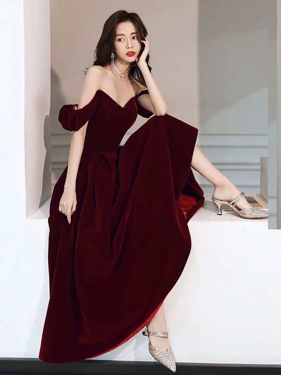 Simple Velvet Tea Length Prom Dresses, Burgundy Velvet Evening Dresses fg5033