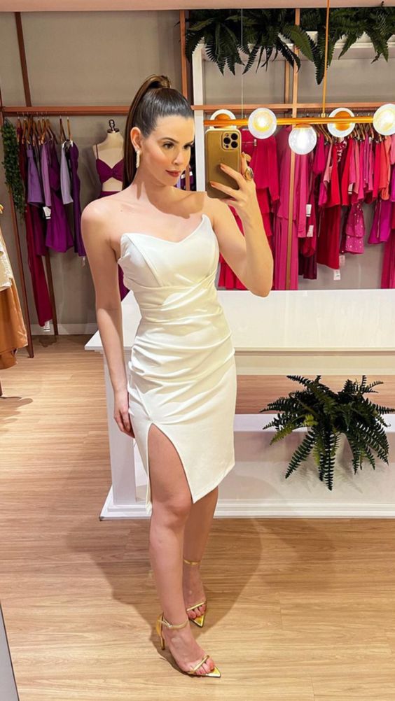 White Strapless Party Dress With Leg Slit,White Homecoming Dress fg4601