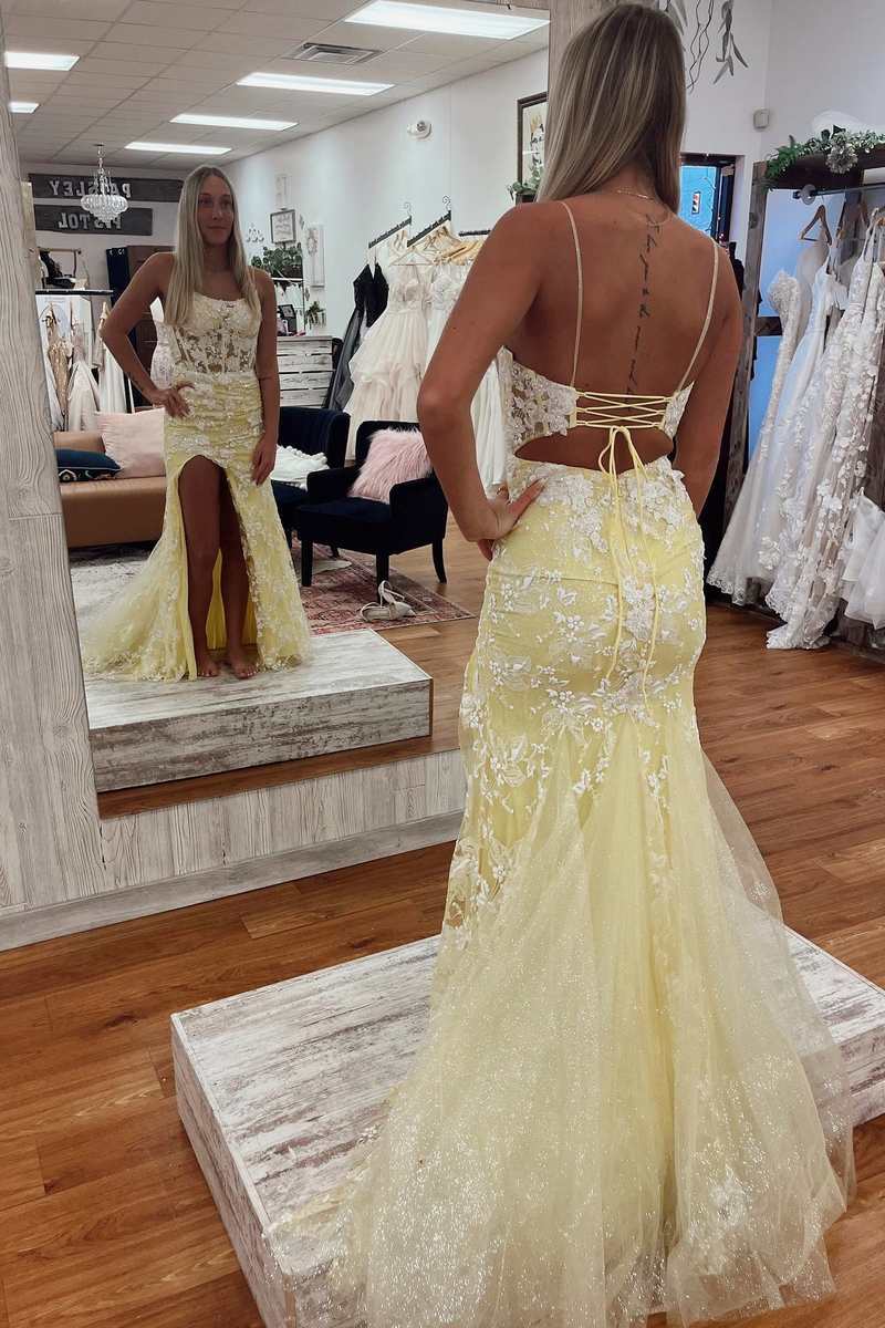 Yellow Floral Lace Backless Mermaid Long Prom Gown with Slit fg4829