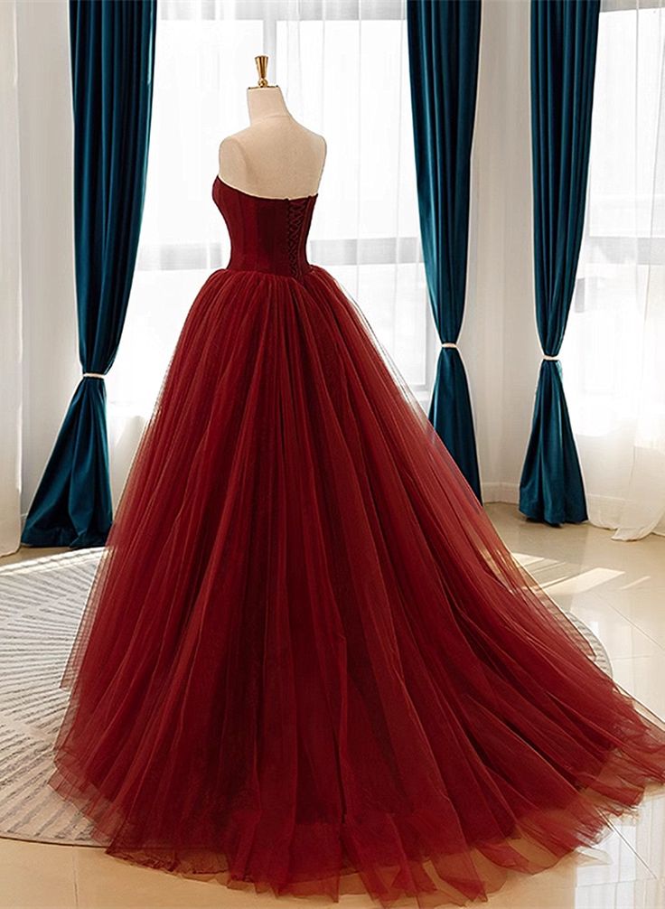 Wine Red Tulle Scoop Long Formal Dress, Wine Red Tulle Prom Dress Party Dress fg5044