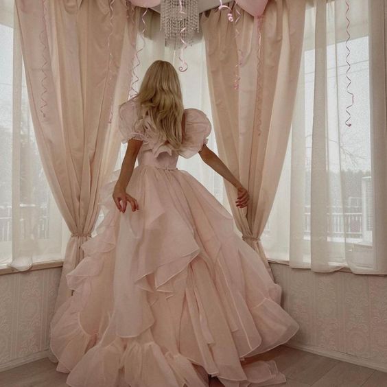 Pink A-Line Organza Long Prom Dress Engagement Dress with Puff Sleeves fg5426