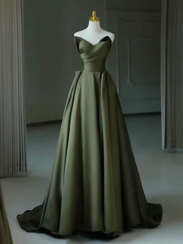 A-Line V Neck Satin Green Long Prom Dress, Green Long Evening Dress fg5382