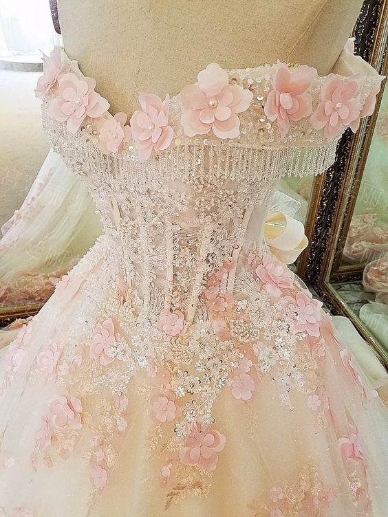 Sweet 16 Dresses Pink Lace Floral Prom Dresses Ball Gown Off The Shoulder Elegant Beaded Luxury Prom Gown fg4334