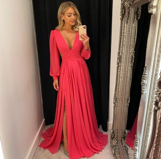 Chiffion Evening Gown V Neck Elegant Prom Dress Wedding Evening Dress With Long Sleeves Side Split fg4233