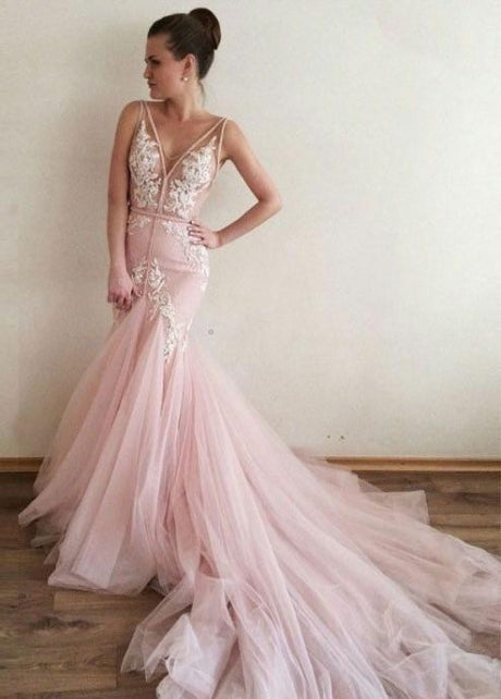 Sheer V-neckline Pink Mermaid Wedding Dress with Tulle Train fg4090