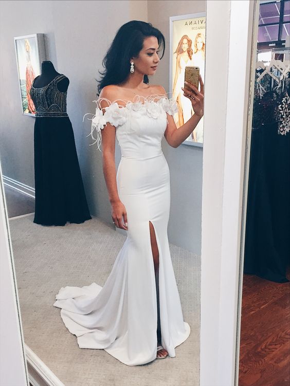 White off the shoulder floral prom evening dresses with side slit fg3862