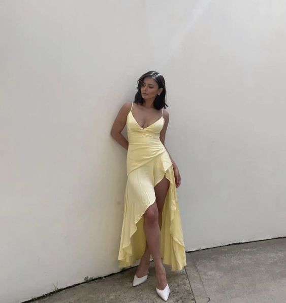 Ruffle Midi Dress Yellow Evening Dress fg4132