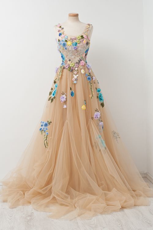 Champagne A-line Sleeveless Tulle Prom Gown With Embroidery,sleeveless Prom Gown With Hand-made Flowers,prom Dress,evening Gown For Teens fg3824