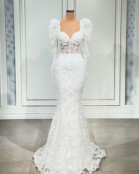 White Mermaid Long Sleeves Wedding Dress fg3732