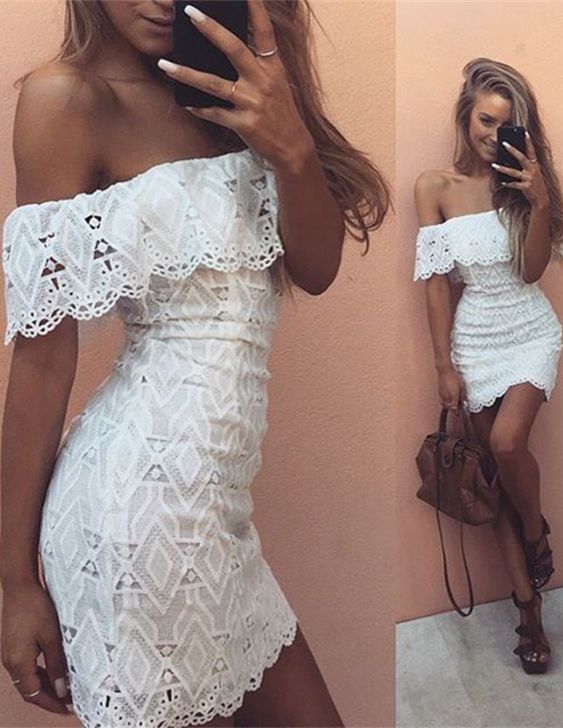 Cute White Lace Off-the-shoulder Homecoming Dress Short Prom Dress fg3742