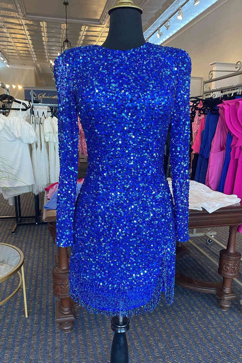Long Sleeve Bodycon Homecoming Dress with Fringe fg3577