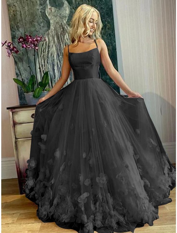 A-Line Prom Dresses Floral Dress Performance Sweet 16 Floor Length Sleeveless Spaghetti Strap Tulle with Pleats Appliques fg4062