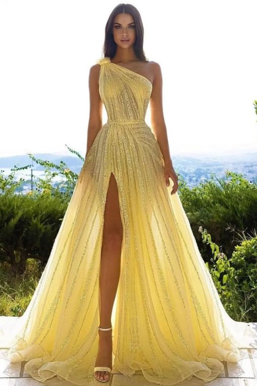 GLITTERING ONE SHOULDER DAFFODIL SEQUINS PROM DRESS LONG SPLIT ONLINE fg346