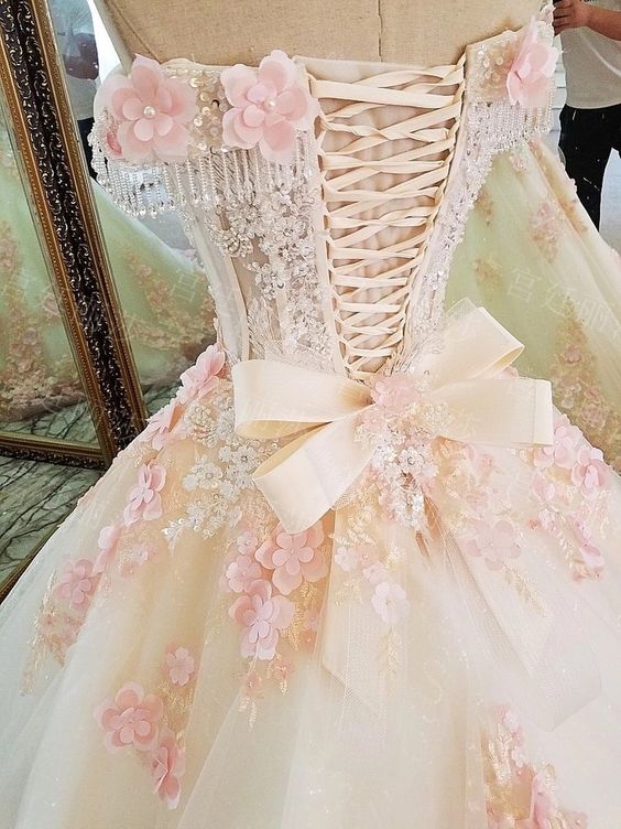 Sweet 16 Dresses Pink Lace Floral Prom Dresses Ball Gown Off The Shoulder Elegant Beaded Luxury Prom Gown fg4334
