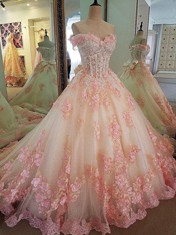 Sweet 16 Dresses Pink Lace Floral Prom Dresses Ball Gown Off The Shoulder Elegant Beaded Luxury Prom Gown fg4334