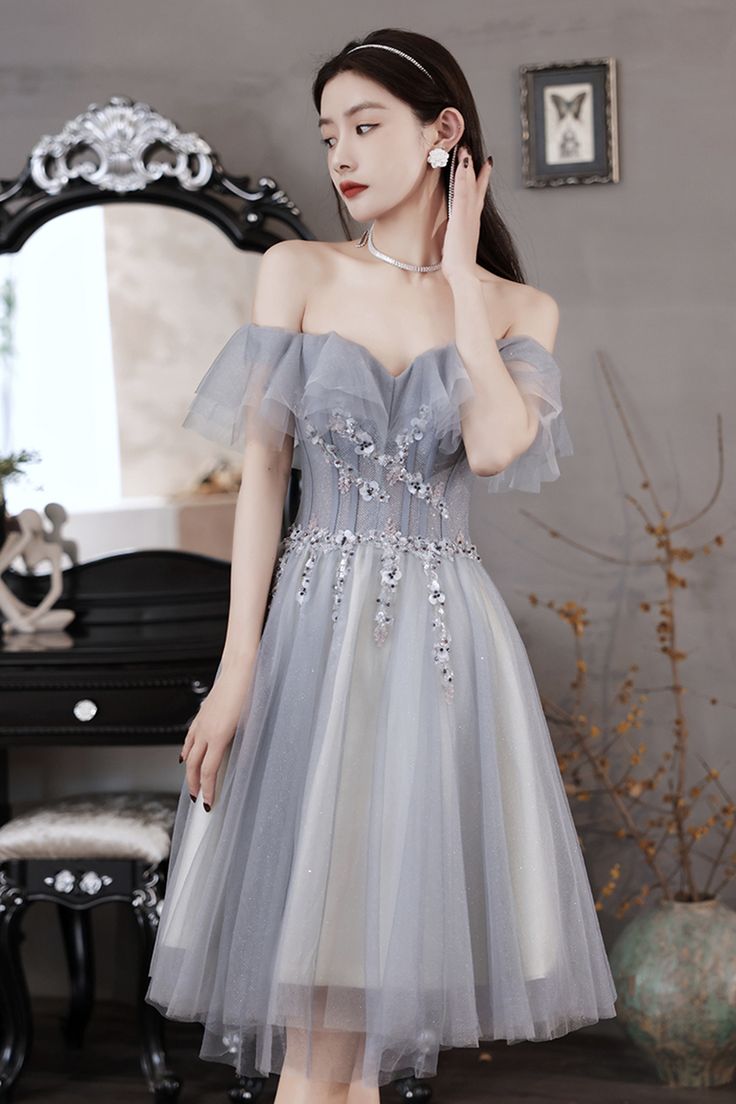 Gray tulle beads short prom dress party dress fg3825