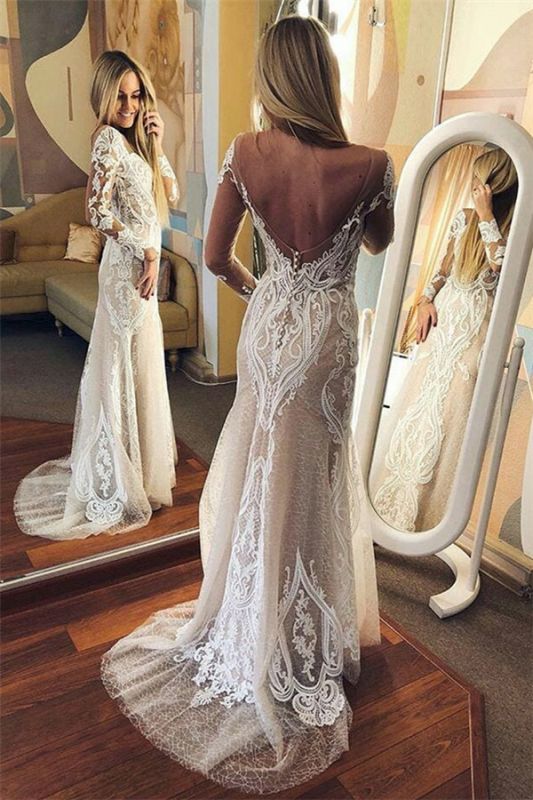 Sexy Tulle Lace Long Sleeve Open Back Wedding Dresses fg3603