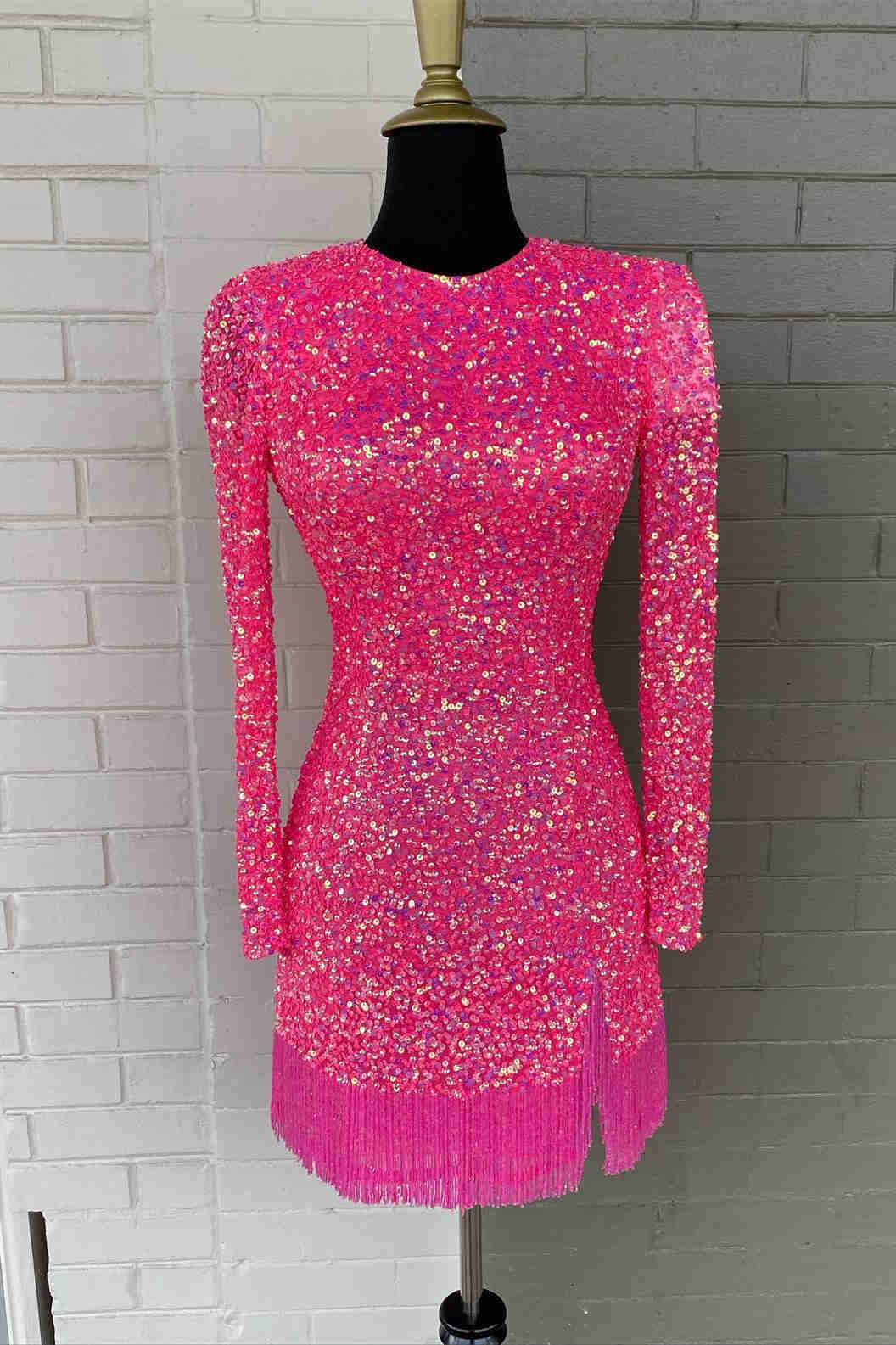 Long Sleeve Bodycon Homecoming Dress with Fringe fg3577