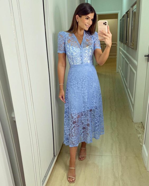 Simple Elegant Blue Lace Women Sexy Prom Dresses fg3835