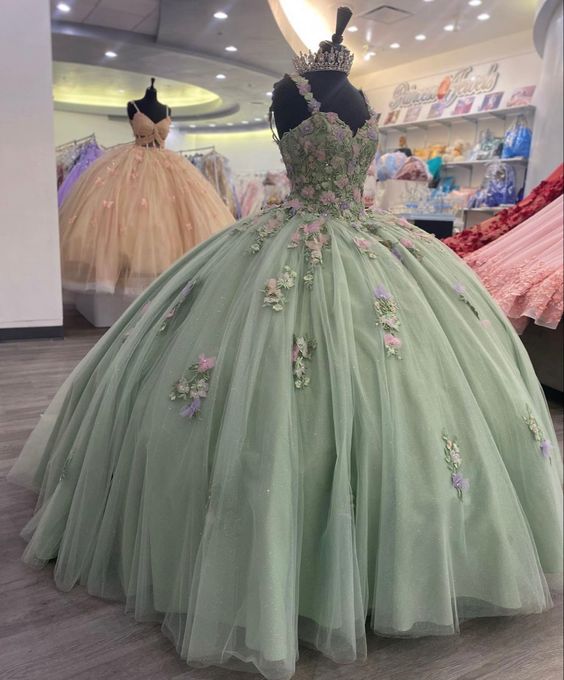 Green A Line Tulle Ball Gown Prom Dresses, Evening Gowns fg4042