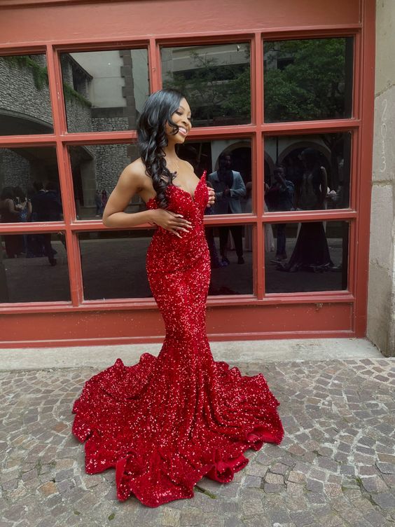 Red sequin prom dress, long mermaid prom dresses fg3410