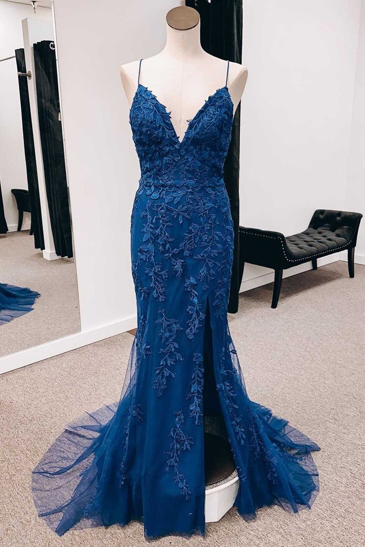 Navy Appliques Lace-Up Back Mermaid Long Formal Dress with Slit fg4058
