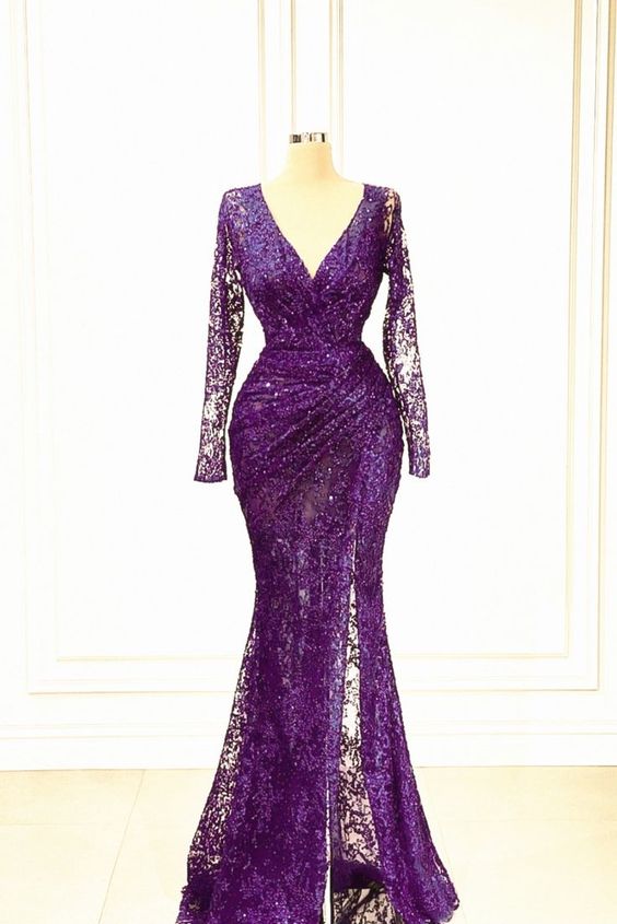 Mermaid Purple Lace Prom Dress V-neck Long Sleeves Formal Gown fg4057