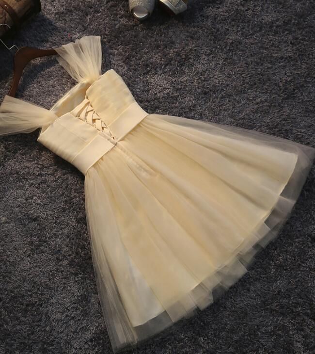 Lovely Champagne Tulle Cute Teen Homecoming Dress with Bow, Straps Tulle Formal Dresses fg3745