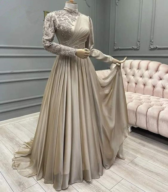 Long Appliques Full Sleeve Muslim Champagne Prom Dress High Neck Saudi Arabic A Line Evening Formal Party Gowns fg1490