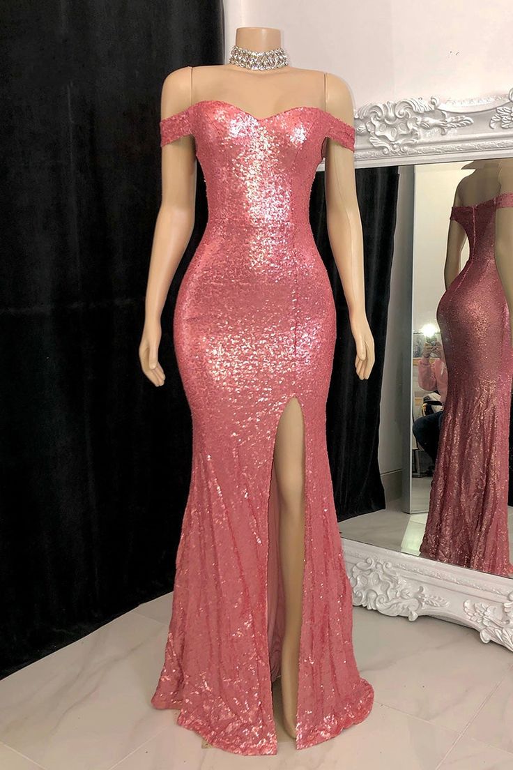 Gorgeous Long Mermaid Off-the-shoulder Sequined Split Prom Dress fg4053