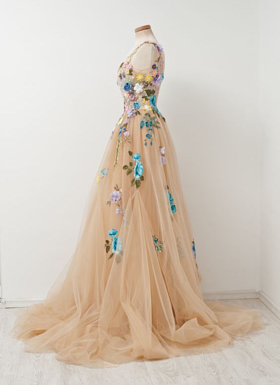 Champagne A-line Sleeveless Tulle Prom Gown With Embroidery,sleeveless Prom Gown With Hand-made Flowers,prom Dress,evening Gown For Teens fg3824