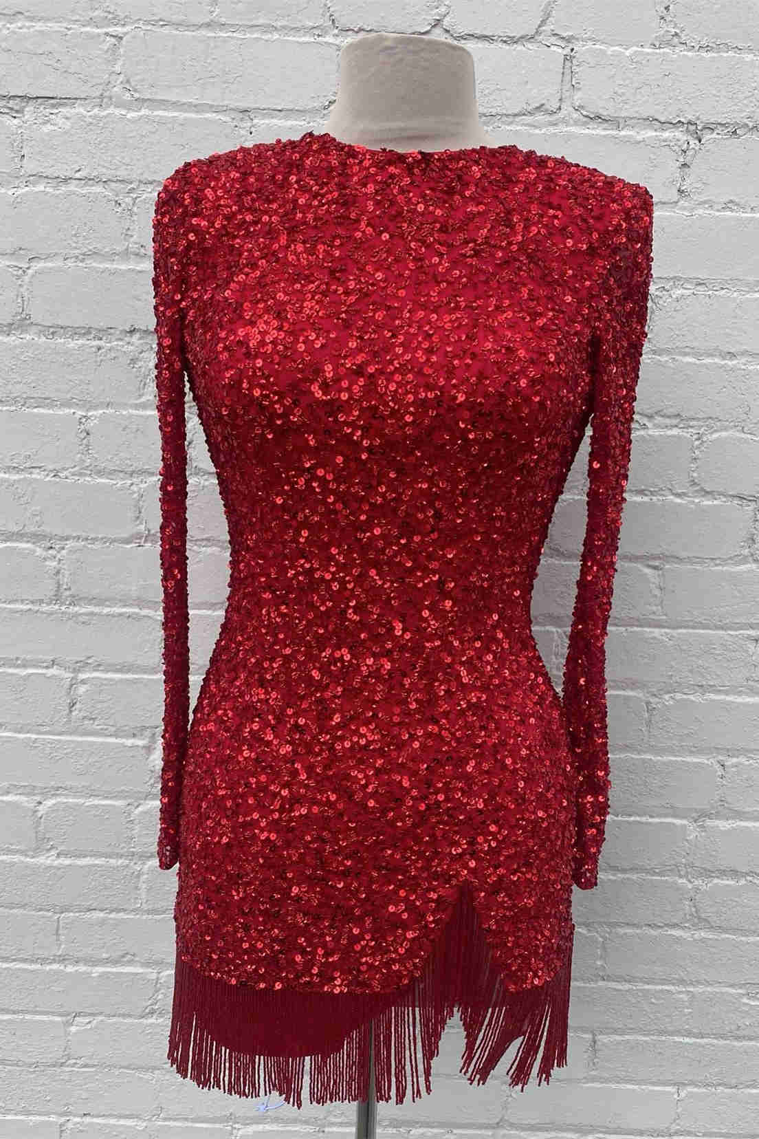 Long Sleeve Bodycon Homecoming Dress with Fringe fg3577