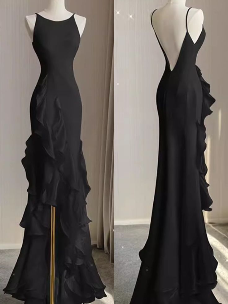 Black Mermaid Beach Wedding Dress With Ruffles, Spaghetti Straps Backless Prom Gown fg4193