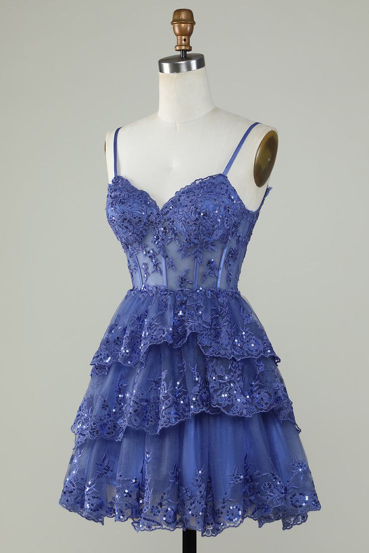Straps Lavender Sequins Corset Layered Homecoming Dress fg3729