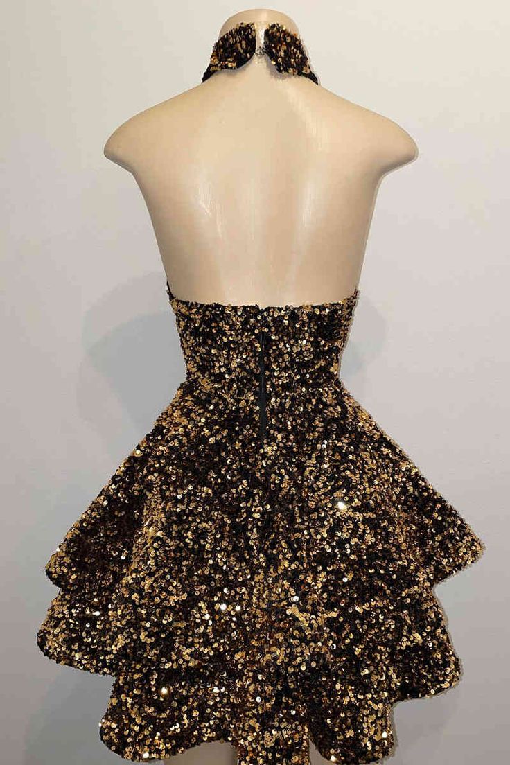 Glitter Halter Gold Sequins A-Line Short Party Dress Homecoming Dresses fg3734