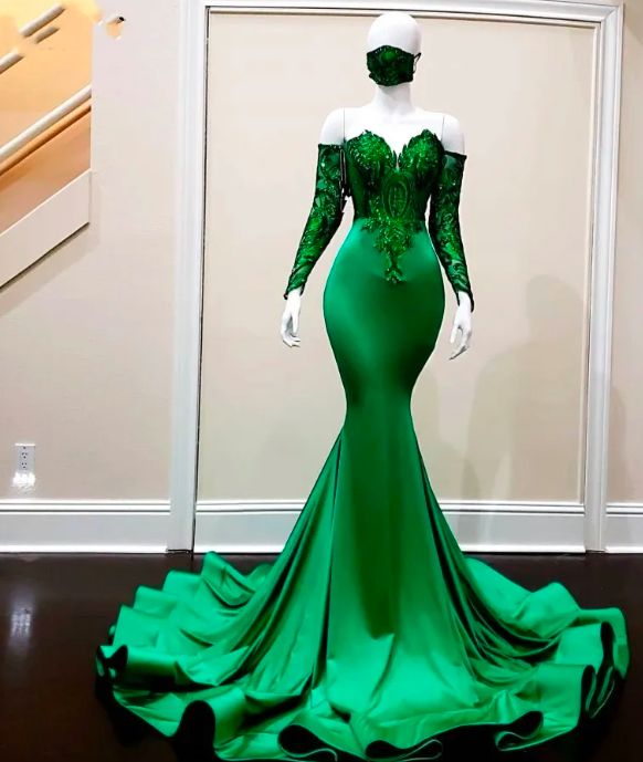 Elegant Green Mermaid Prom Dresses Sequin Applique Party Gowns Long Sleeves Evening Dress fg4055