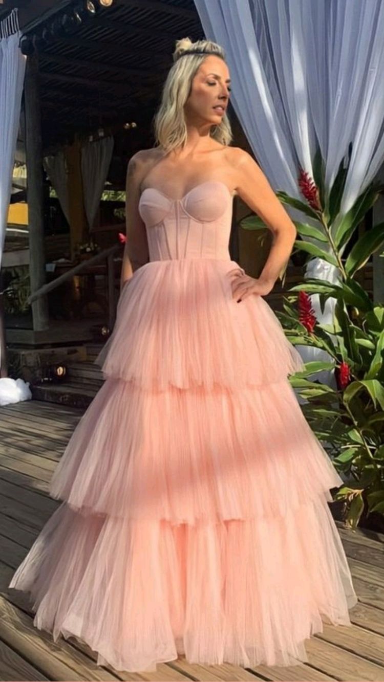 A Line Sweetheart Pink Prom Dress, Layers Strapless Formal Evening Gown fg3887