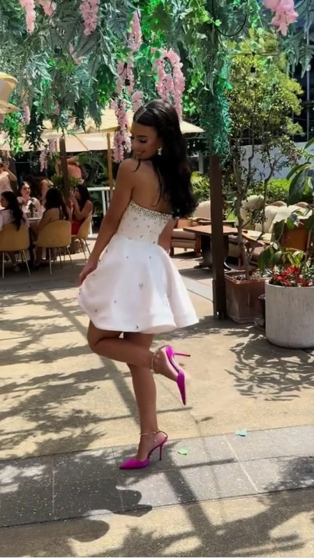 White Strapless A Line Unique Homecoming Dress Sparkly Party Dress fg7545